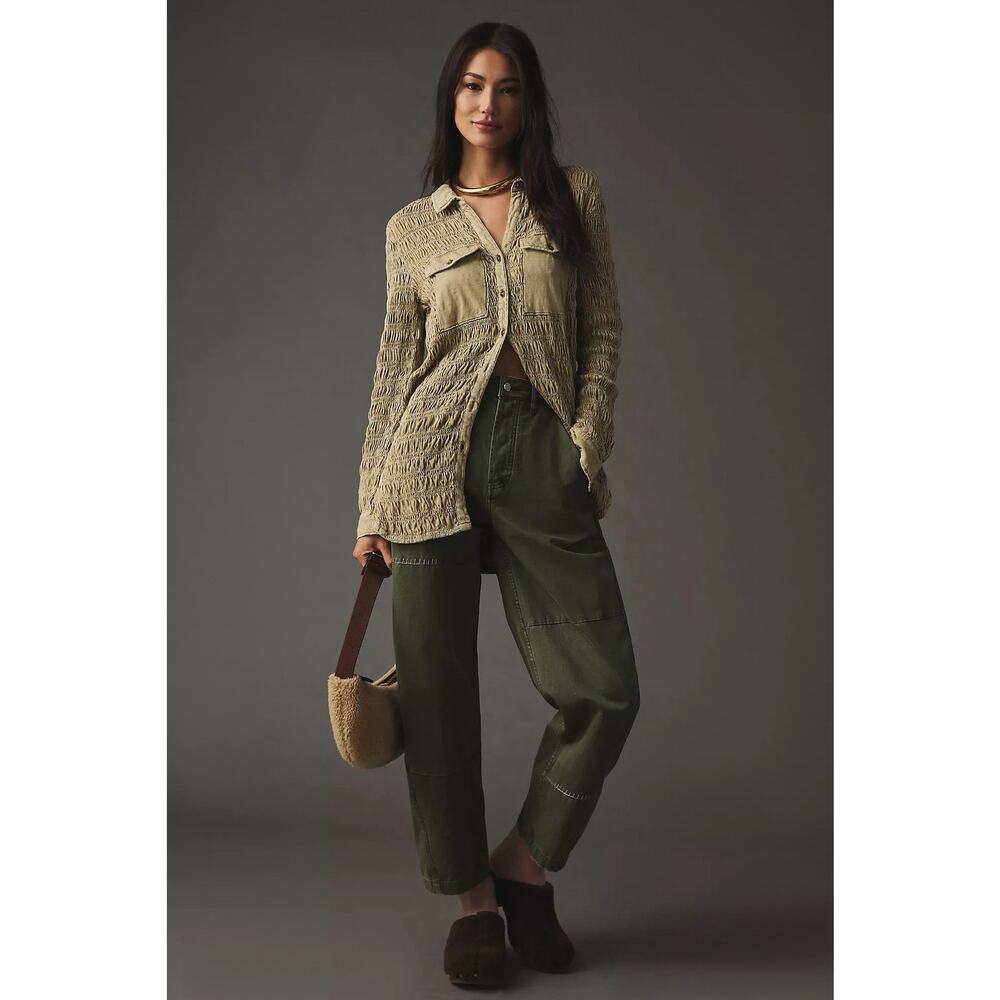 Anthropologie Pilcro Smocked Shacket Button Up Chest Pocket Olive Green Size S - Picture 2 of 16